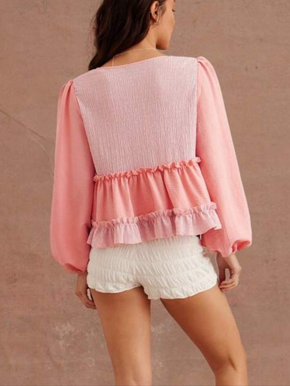 Women's Pink V-Neck Ruffle Blouse - Picture 4 of 10